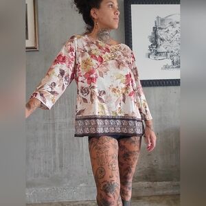 Alfred Dunner Floral Blouse - Red, Gold, Cream Size L